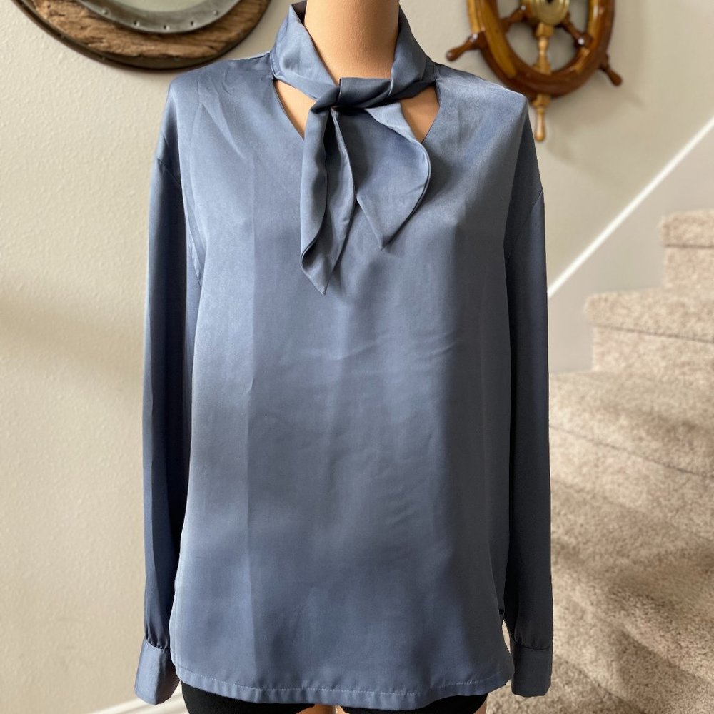Tahari slate blue size L Silk Light Blouse w/ Front Tie Detail